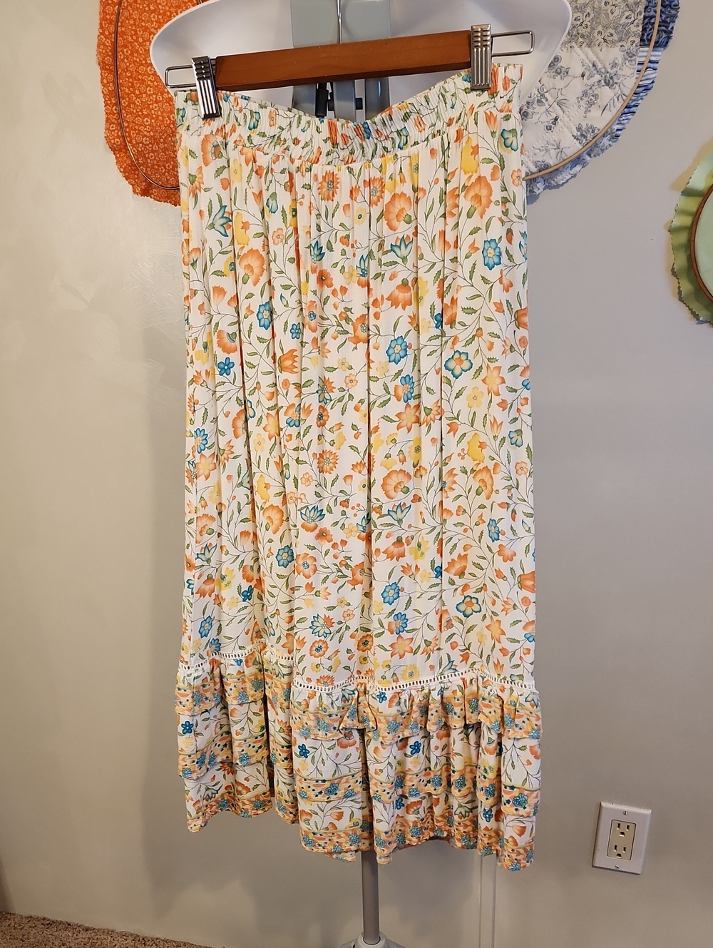Floral Tiered Maxi Skirt - Cream with Orange & Blue Flowers